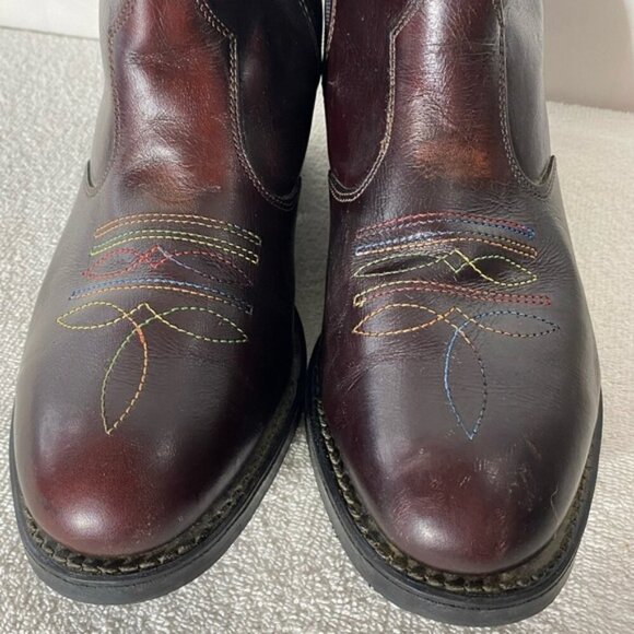 Vintage Burgundy Leather Western Style Round Toe Ankle Boots 7.5 - Picture 2 of 15